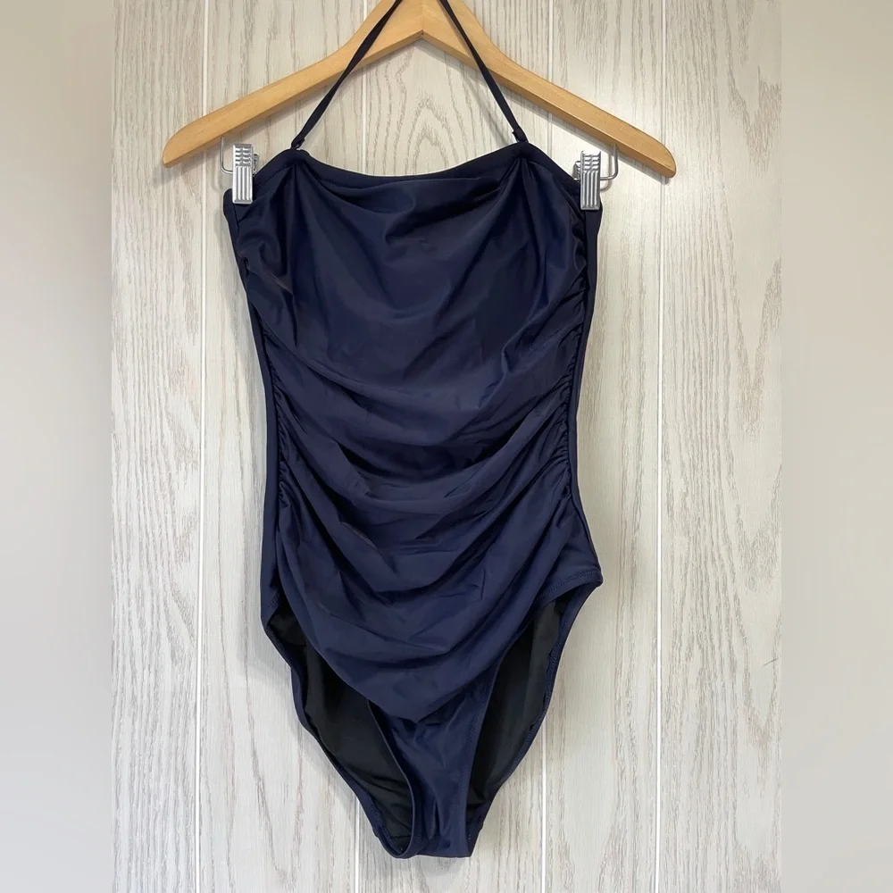 J. Crew Re-Imagined Ruched Bandeau Swimsuit Navy Blue Women's Size 8